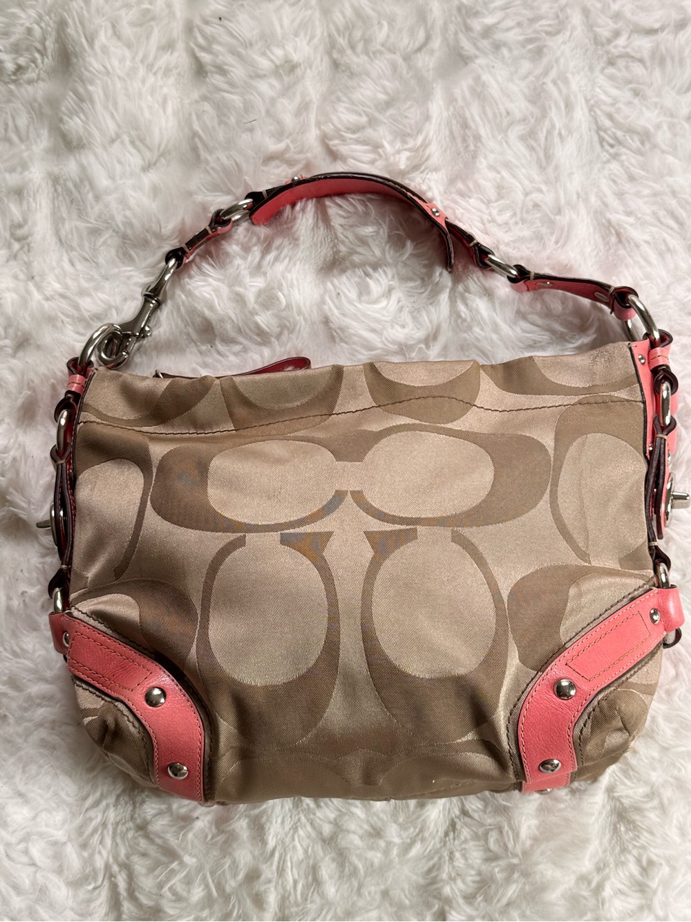 Vintage Coach Carly Pink & Tan Signature Jacquard Hobo Bag Y2K